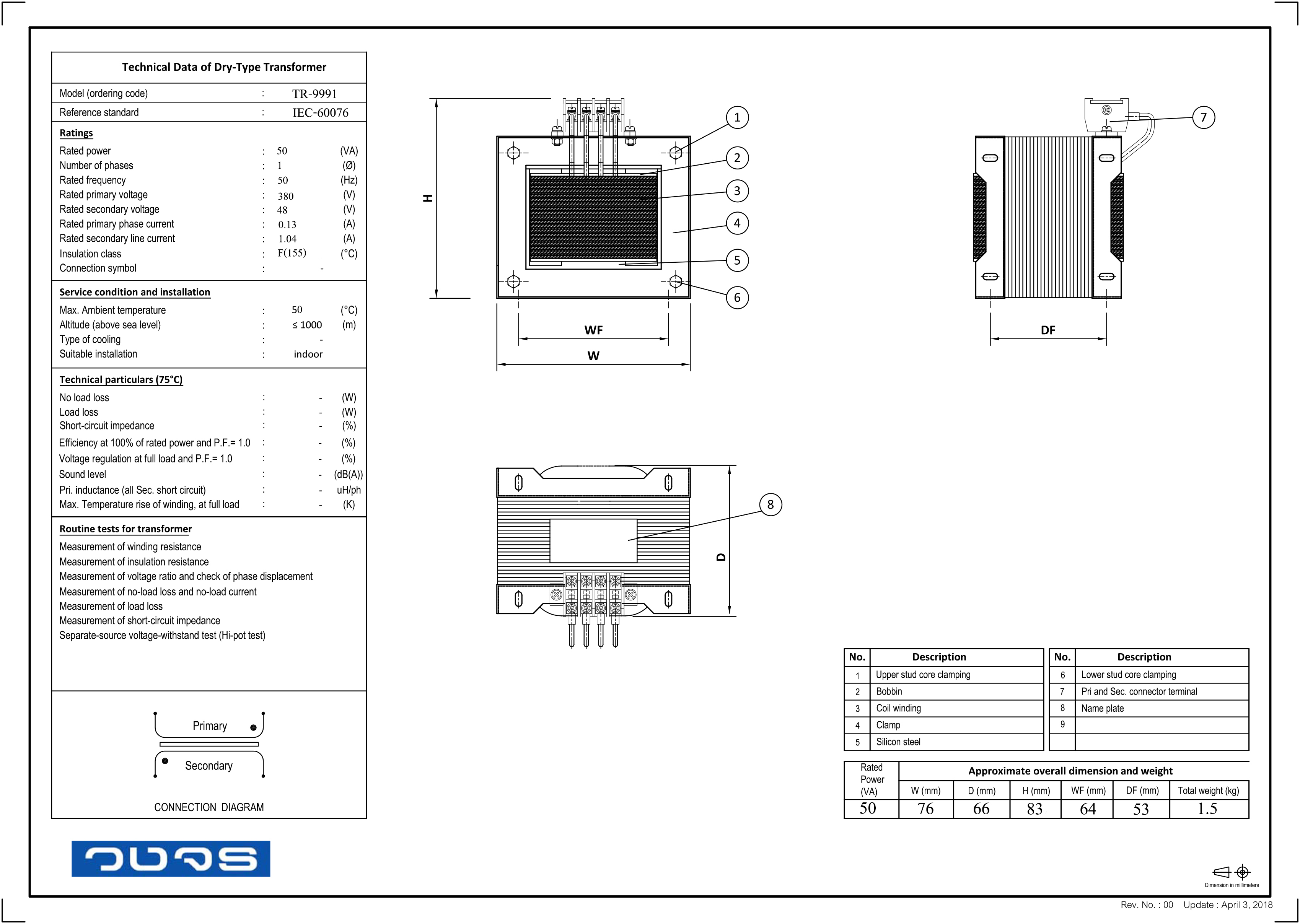 หม้อแปลง Input 0 380 VAC Output 0 48 VAC 50 VA