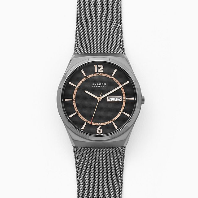 Skagen SKW6575 นาฬิกาผู้ชาย Melbye Three-Hand Day-Date Gunmetal Steel-Mesh Quartz Men's Watch