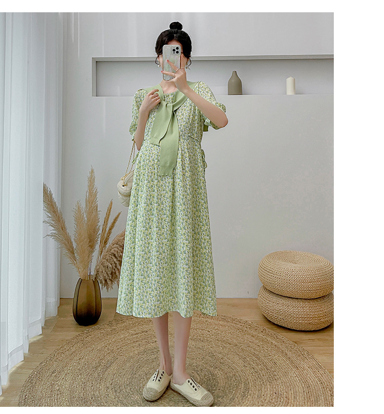 เดรสคลุมท้องแฟชั่น ผ้าชีฟอง พิมลาย ดอกไม้น่ารัก มีซับใน มีเชือกผูกปรับขนาดครรภ์ มีผ้าพันคอให้ด้วย M L XL XXL