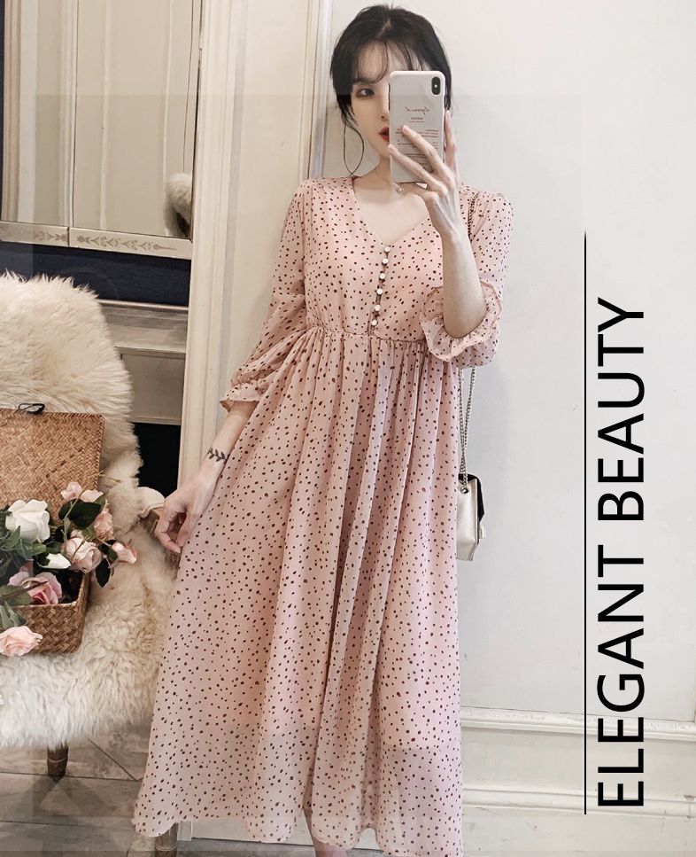 เดรสคลุมท้องแฟชั่น ผ้าชีฟองลายจุด แขน4 ส่วน ทำระบายปลายแขน ผ้านิ่ม มีซับใน ใส่สบายถึงคลอด M L XL XXL