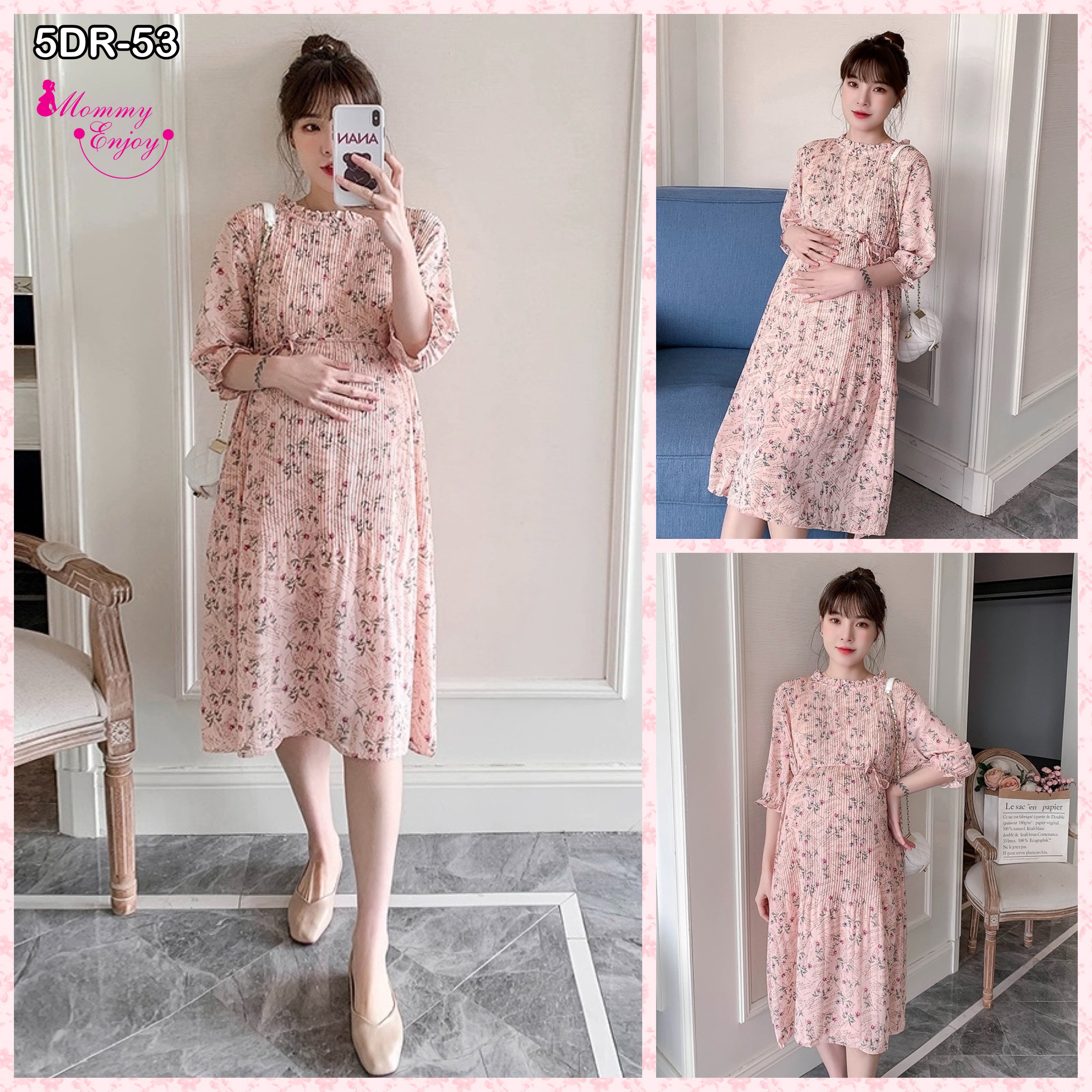 เดรสคลุมท้องแฟชั่น แขนจั้ม3ส่วน ผ้าชีฟองอัดพรีทเล็กช่วงบน สวยมาก มีซับใน มีเชือกผูกอิสระ M L XL XXL