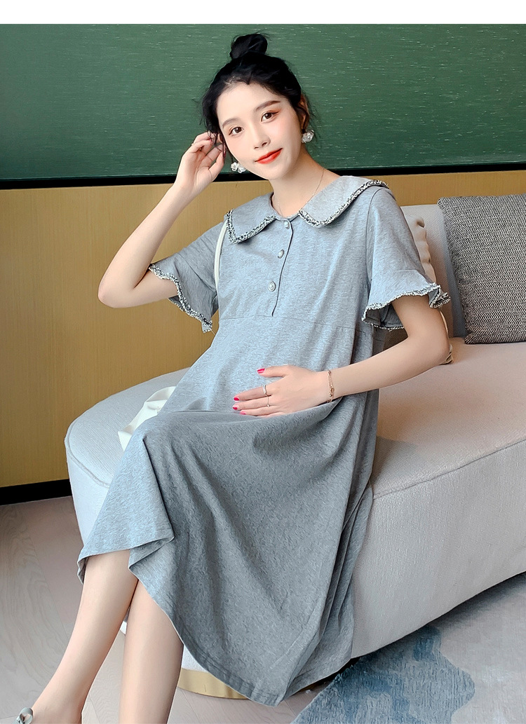 เดรสคลุมท้องแฟชั่น ปกใหญ่แต่งขอบปก ผ้ายืดตัว ใส่สบายมากค่ะ กระดุมแกะให้นมได้ M L XL XXL