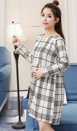 เดรสคลุมท้องเปิดให้นมแบบซิป แขนยาว ทรงน่ารัก สีเบจ M,L,XL,XXL