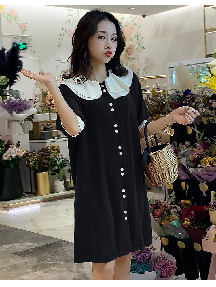 เดรสคลุมท้องแฟชั่น ทรงตุ๊กตา คอบัว กระดุมเปิดให้นมได้ ช่วงปก ทำย่นเพิ่มความน่ารัก M L XL XXL