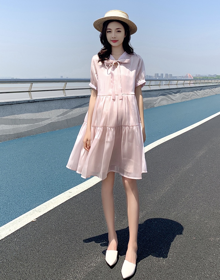 เดรสคลุมท้องแฟชั่นเกาหลี ผ้าไหมแก้ว เนื้อละเอียด มีซับใน ผูกโบว์ที่คอ M L XL XXL