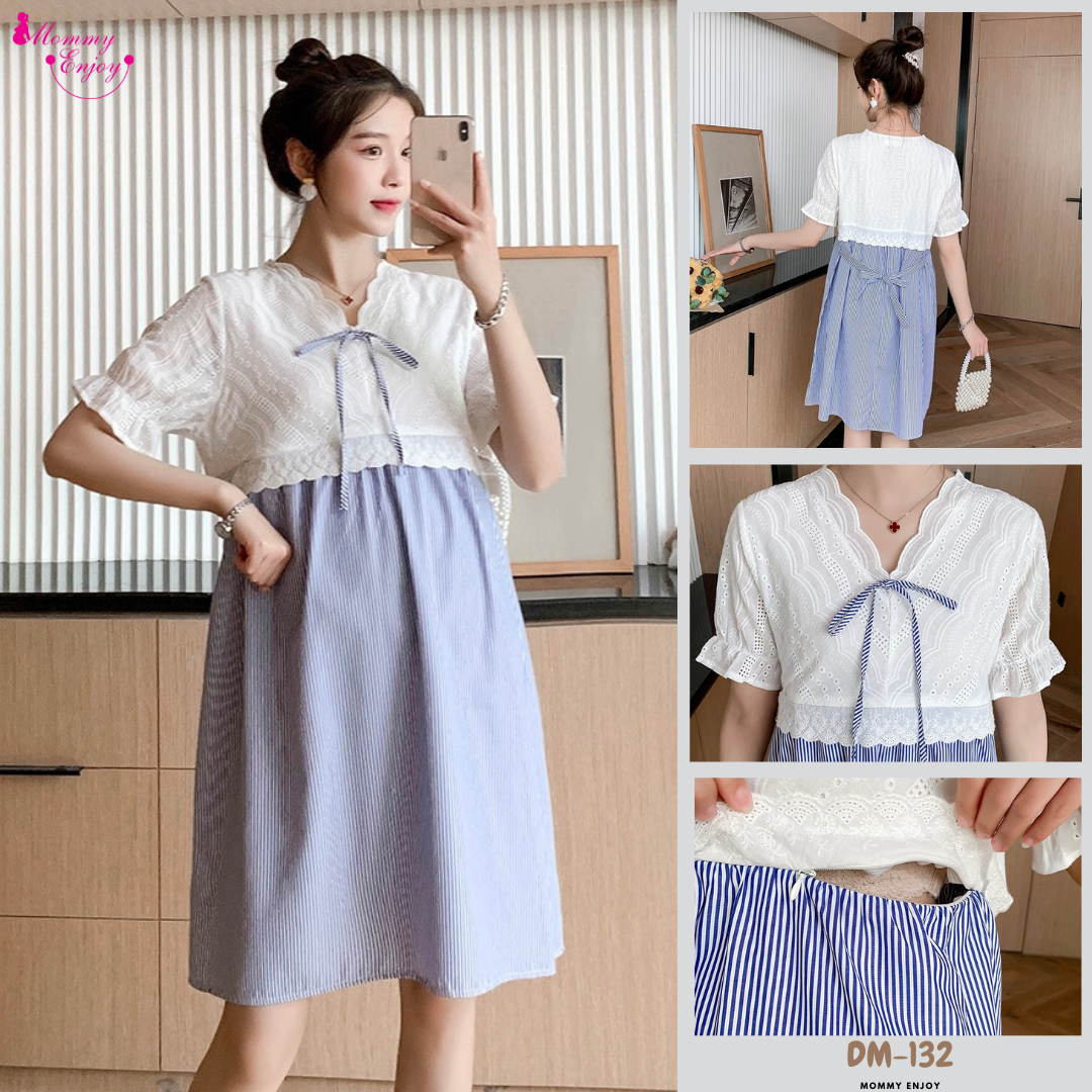 ชุดคลุมท้องเปิดให้นม ผ้าฝ้าย เปิดให้นม มีเชือกปรับขนาดครรภ์ ช่วงบนเป็นลูกไม้สวยลงตัว M L XL XXL