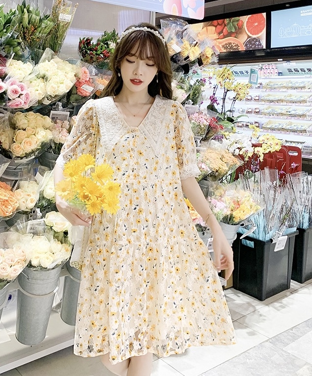 เดรสคลุมท้องแฟชั่น ปกใหญ่ ผ้าลูกไม้มีซับใน ปลายแขนและปก แต่งด้วยลูกไม้ ผ้าสวยใส่สบาย M L XL XXL