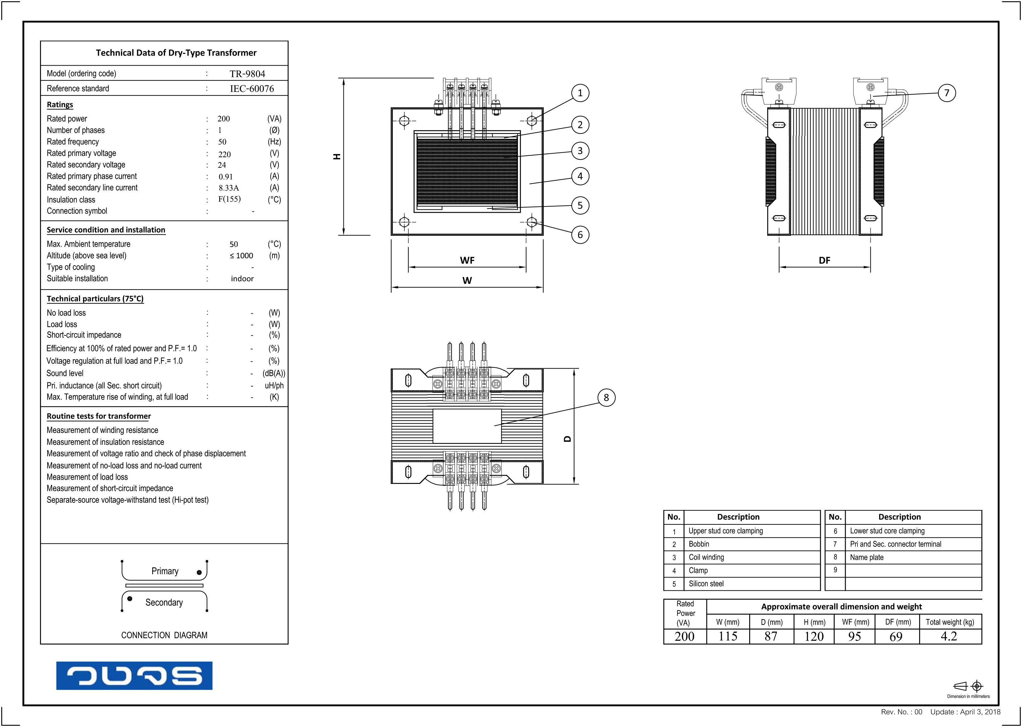 หม้อแปลง Input 0 220 VAC Output 0 24 VAC 200 VA