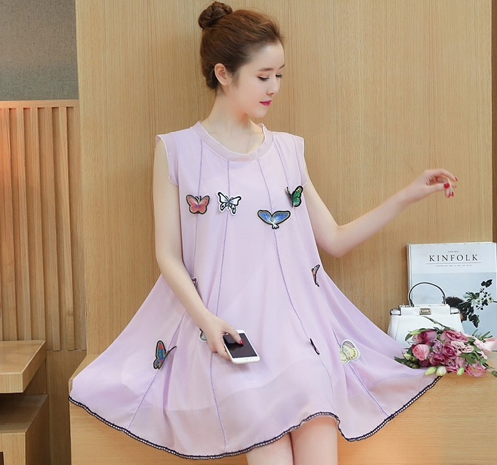 ชุดคลุมท้อง ผ้าชีฟอง ชมพู ประดับด้วยผีเสื้อตามตัว เริ่ดมาก มีซับในทั้งชุด M,L,XL,XXL