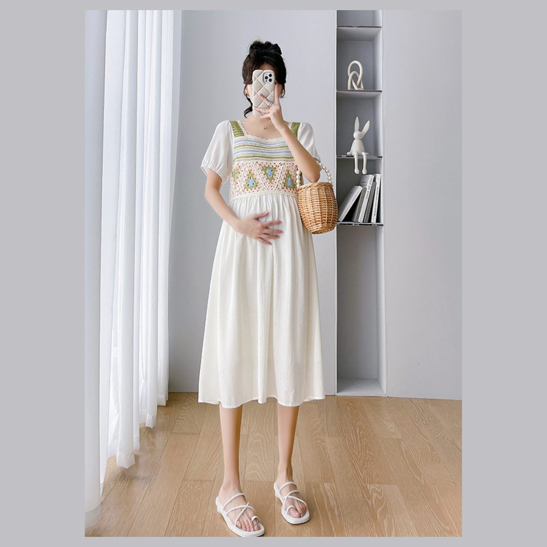 ชุดคลุมท้องแฟชั่นเกาหลี ช่วงอกไหมพรมโครเชต์ ลายน่ารัก ช่วงอื่นเป็นผ้าชีฟอง เบาสบายใส่แล้วไม่ร้อน มีซับใน M L XL XXL