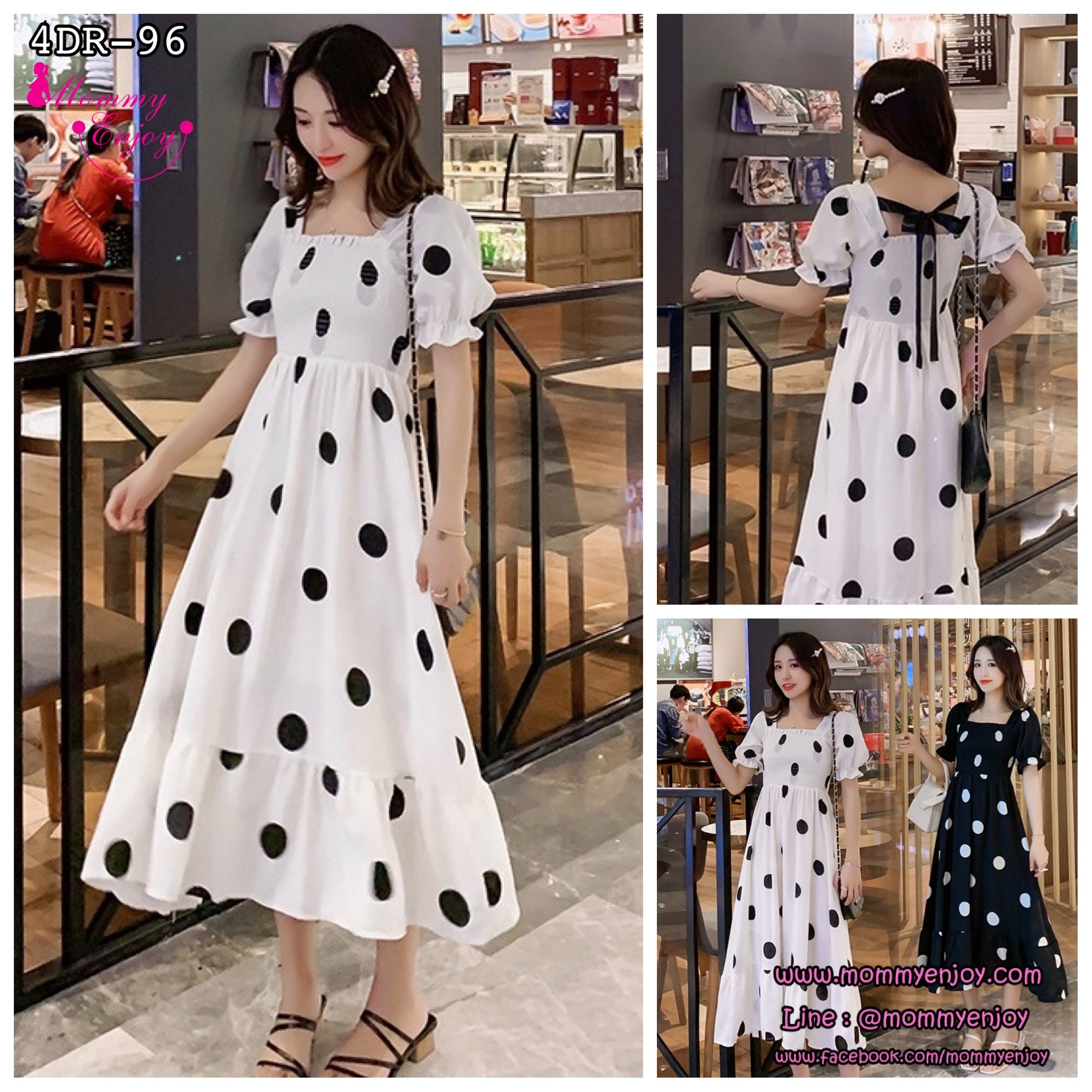 เดรสคลุมท้องแฟชั่นผ้าชีฟอง ช่วงอกสม๊อค แขนตุ๊กตา ด้านหลังผูกโบว์ น่ารักมากค่ะ M L XL XXL