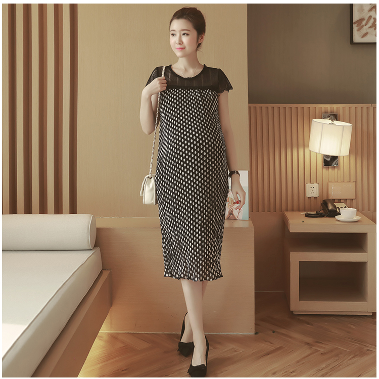 เดรสคลุมท้องแนวเกาหลี อัดพรีท ลายจุด ด้านบนซีทรู น่ารักฝุดๆ M,L,XL,XXL