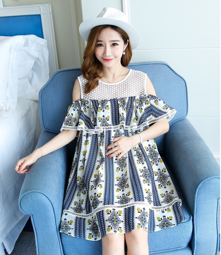 ชุดคลุมท้อง ลายวินเทจ เปิดไหล่ ระบายรอบ อก ด้านบนซีทรู ผ้าสวยใส่สบาย M,L,XL,XXL