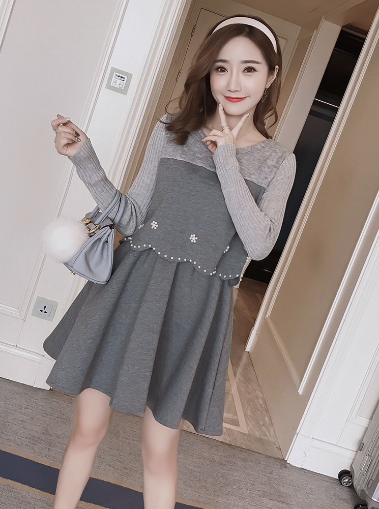 ชุดคลุมท้องเปิดให้นมแฟชั่นแขนยาว ด้านในซ่อนที่เปิดให้นม ผ้าเนื้อนิ่ม ประดับมุก M L XL XXL