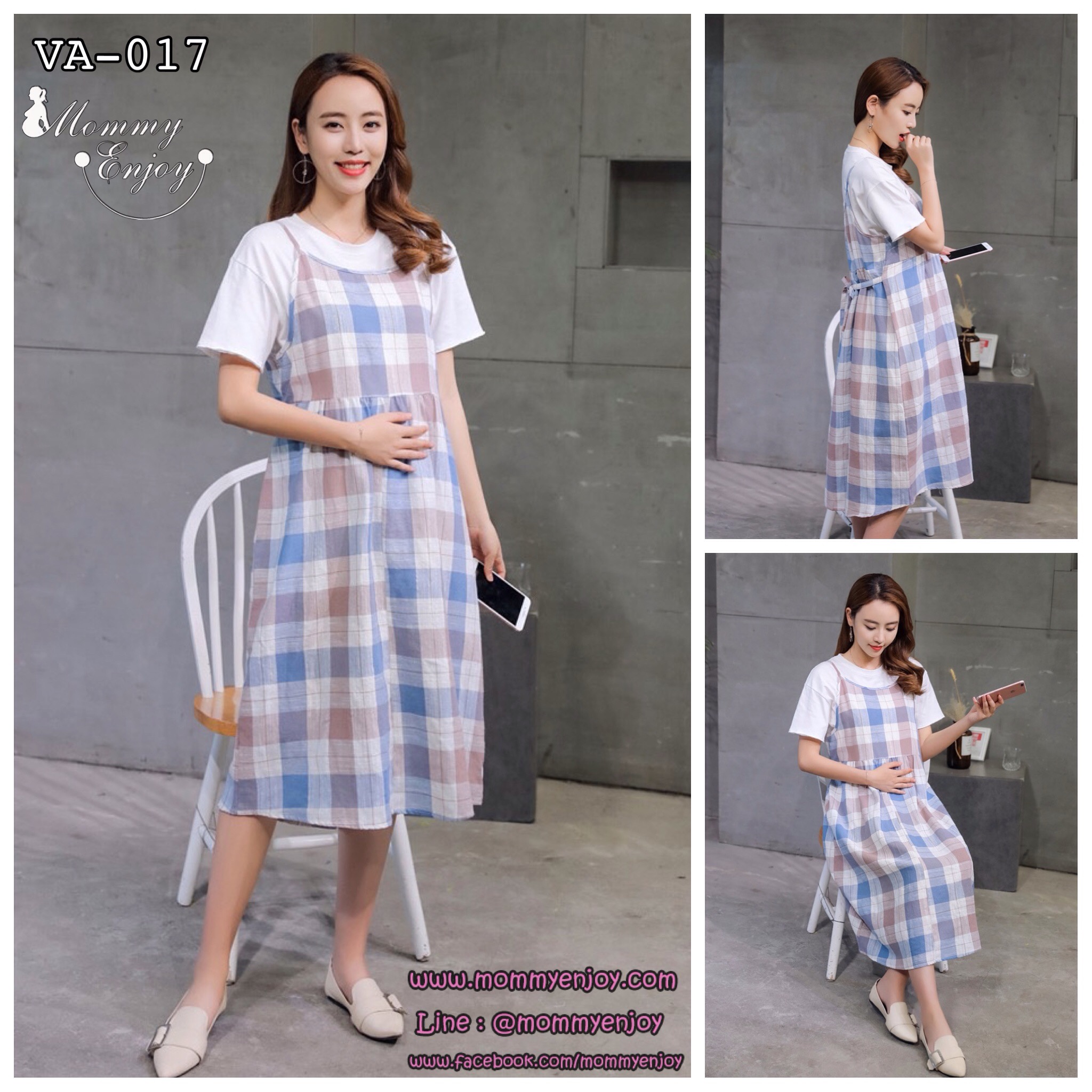 เอี๊ยมกระโปรงคลุมท้องยาว ลายสก๊อต สีสันน่ารัก + เสื้อยืดสีขาว M,L,XL,XXL