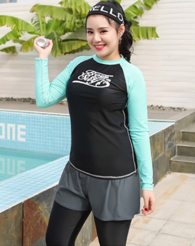 ชุดว่ายน้ำคนอ้วน แบบสปอร์ตพร้อมส่ง :ชุดว่ายน้ำไซส์ใหญ่สีดำเขียวมินท์แขนยาว set 3 ชิ้น .มีเสื้อแขนยาว บราและกางเกงขายาวติดกางเกงขาสั้น แบบสวยคุ้มสุดๆจ้า:เสื้อแขนยาวรอบอก40-46นิ้ว บรารอบอก36-44นิ้ว กางเกงขายาวติดกางเกงขาสั้น เอว30-40นิ้ว สะโพก40-48นิ้วจ้า