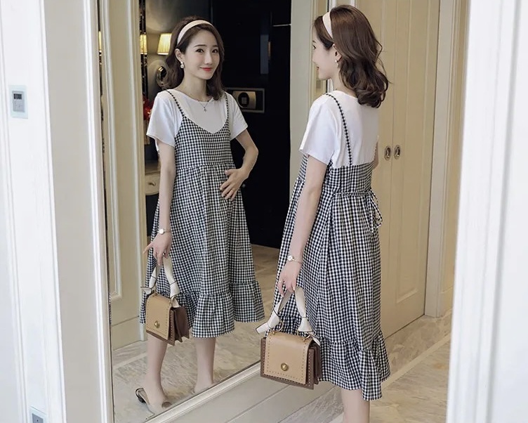 ชุดคลุมท้องแฟชั่นแขนสั้น เอี๊ยมหลอกเย็บติดเป็นชุดเดียวกัน น่ารัก ผ้านิ่มมาก M L XL XXL 3XL 4XL