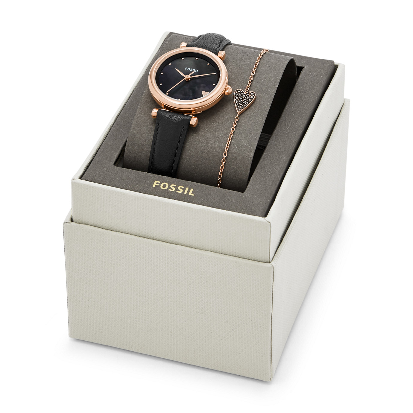 Fossil ES4506SET นาฬิกาผู้หญิง Carlie Mini Three-Hand Black Leather Women's Watch