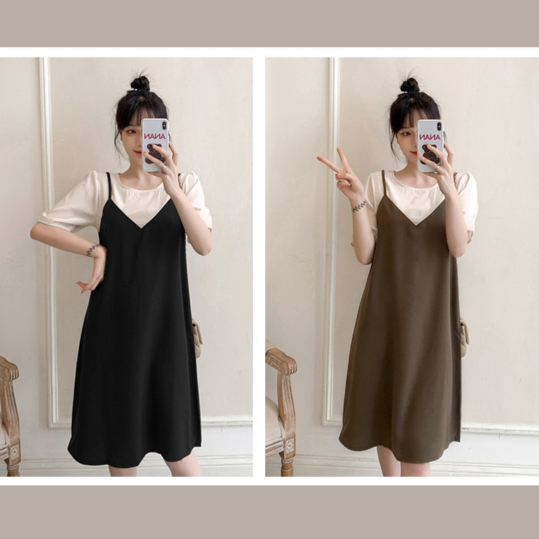 เดรสคลุมท้องแฟชั่น เอี๊ยมหลอก ผ้าชีฟอง เนื้อนิ่ม สวยเรียบ ดูดีทุกโอกาส น่ารัก ใส่สบายมากค่ะ M L XL XXL