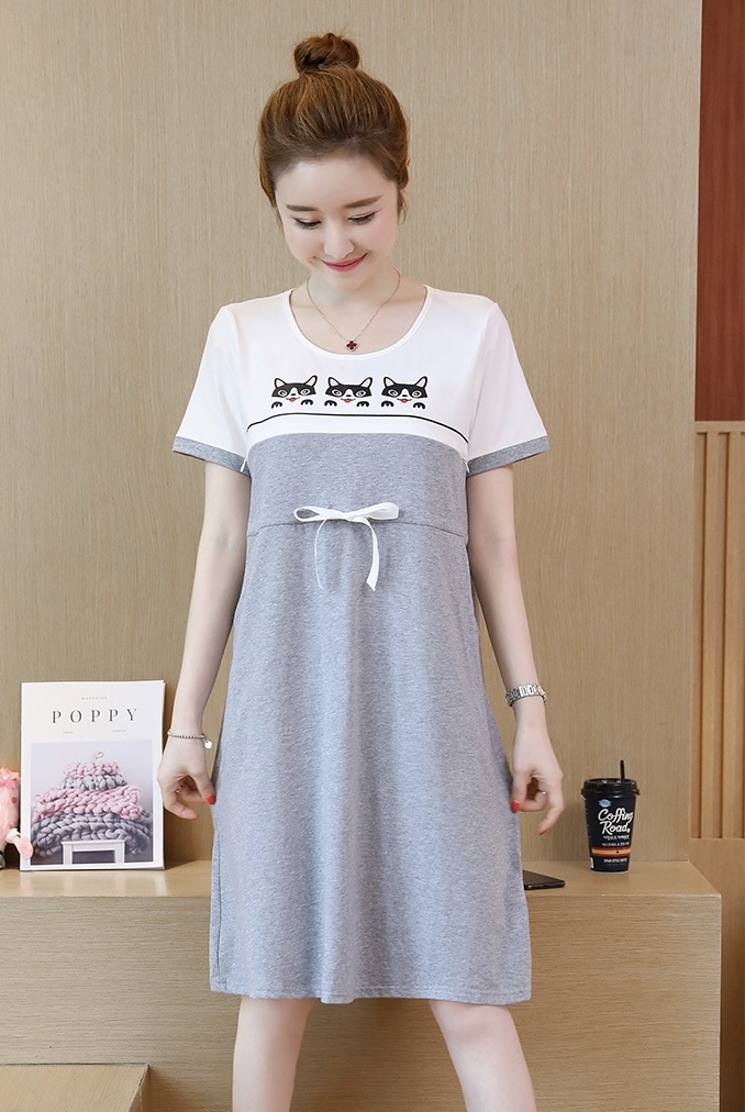 ชุดคลุมท้องเปิดให้นม แขนสั้น ลายแมวเหมียว ปรับขนาดได้ตามอายุครรภ์ M L XL XXL