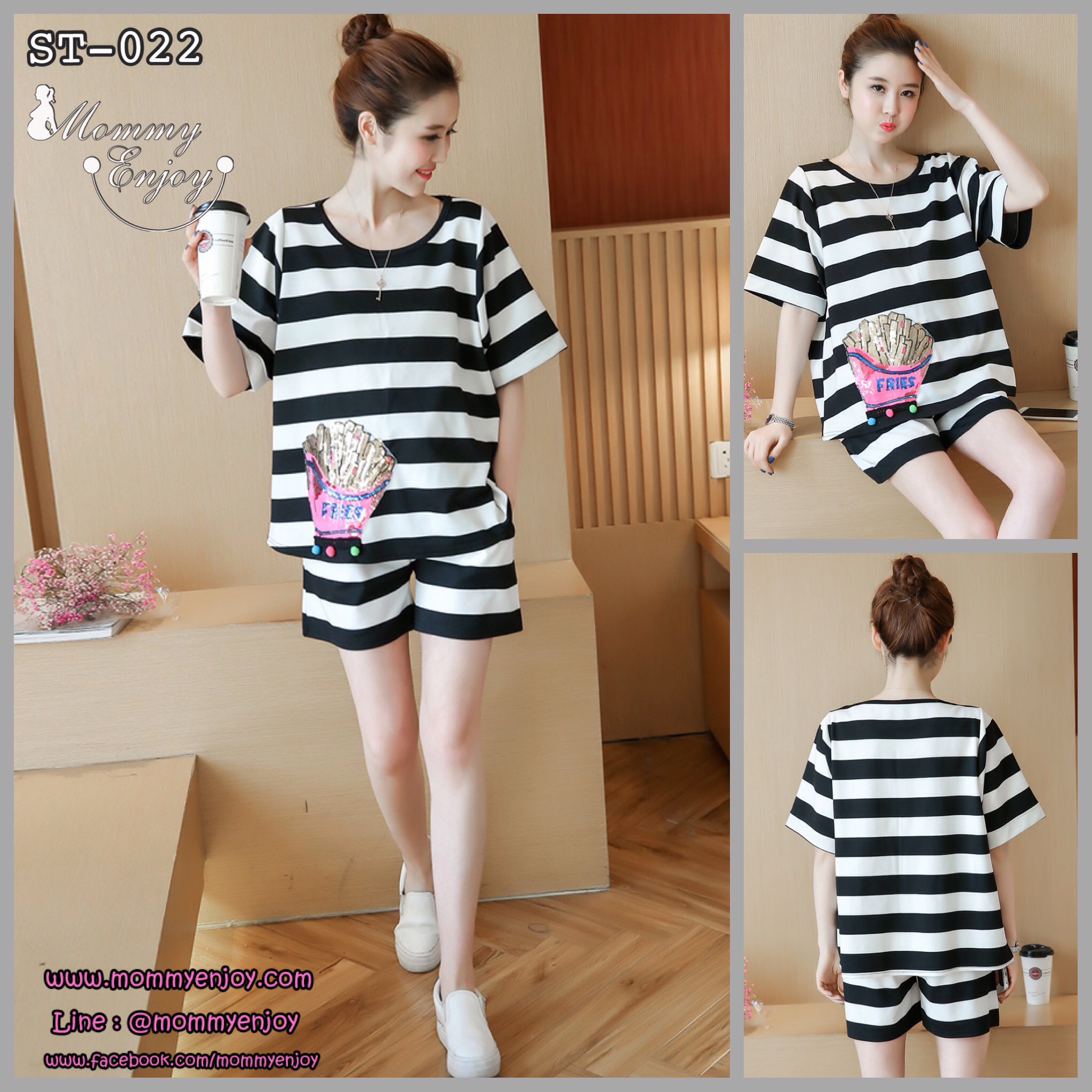 ชุดเสื้อ+กางเกงคนท้อง ลายทาง ผ้านิ่ม ประดับฟรุ้งฟริ้ง กางเกงมีสายปรับขนาดภรรภ์ M,L,XL,XXL