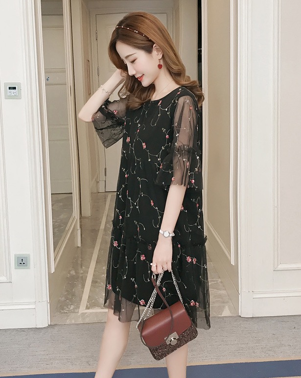 ชุดคลุมท้องเปิดให้นมแฟชั่น ผ้าชีฟอง ช่วงแขนซีทรู เปิดให้นมแนวนอน ลายดอกไม้ M L XL XXL