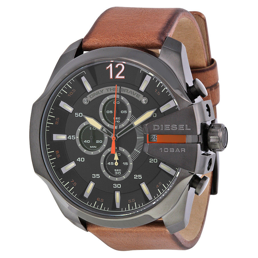 Diesel DZ4343 นาฬิกาผู้ชาย Diesel รุ่น DZ4343, Mega Chief Black Dial Brown Leather Men's Watch
