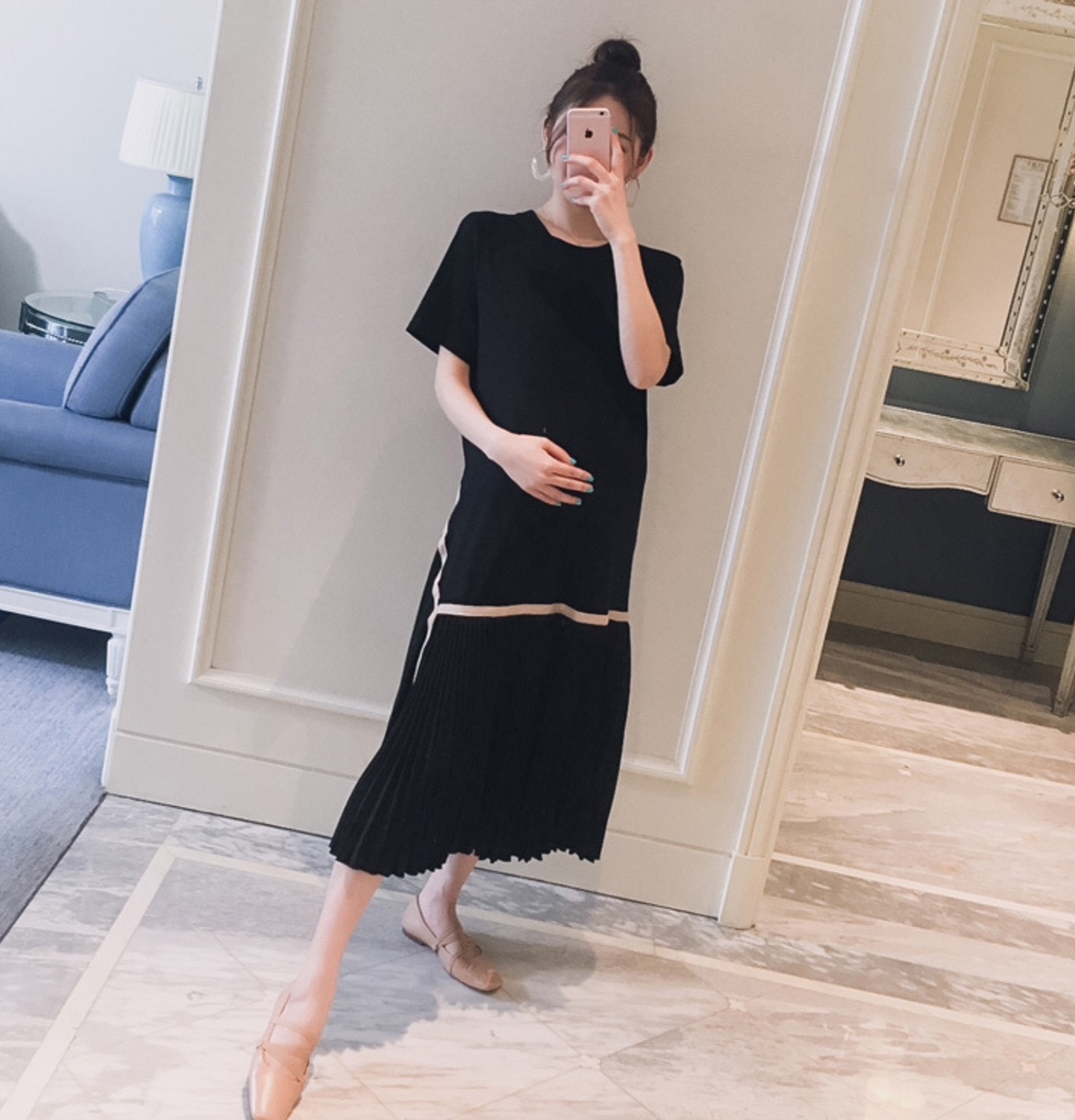 เดรสคลุมท้องแฟชั่น ช่วงบนเป็นผ้ายืดเนื้อนิ่ม ใส่สบาย ช่วงล่างตัดเส้น เป็นชีฟองอัดพรีท M L XL XXL