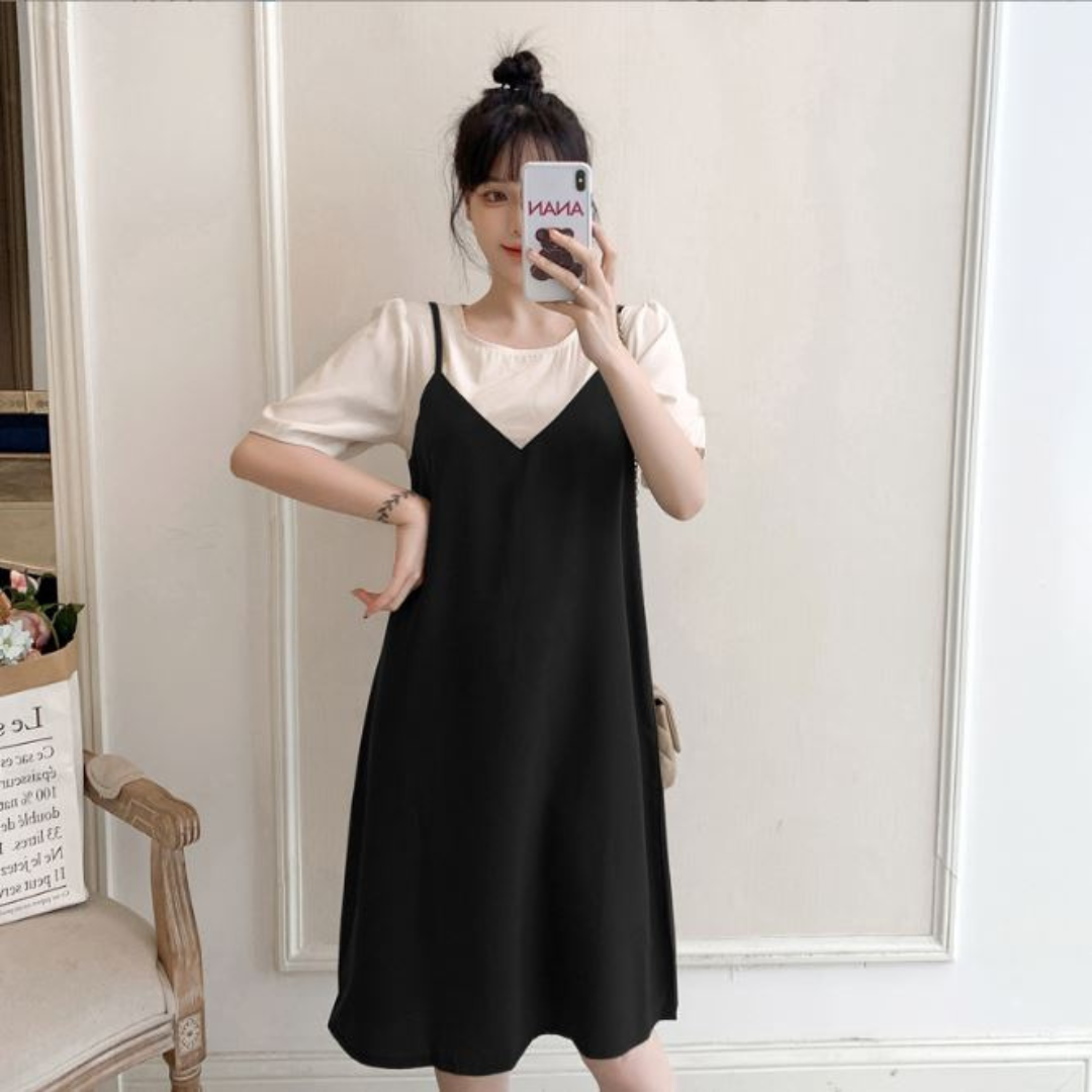 เดรสคลุมท้องแฟชั่น เอี๊ยมหลอก ผ้าชีฟอง เนื้อนิ่ม สวยเรียบ ดูดีทุกโอกาส น่ารัก ใส่สบายมากค่ะ M L XL XXL