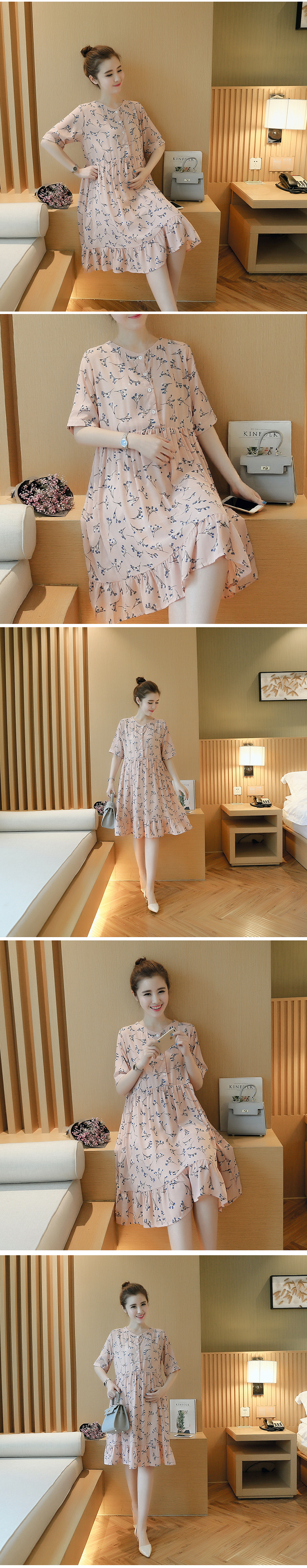 เดรสคนท้อง ชมพูลายดอกไม้ ผ้านิ่มใส่สบาย M,L,XL,XXL