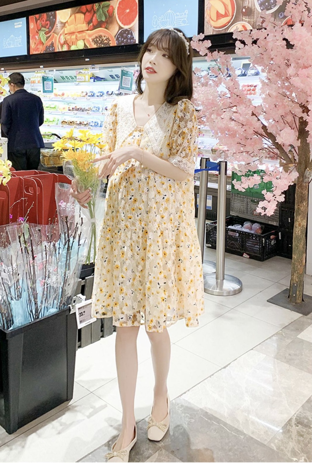 เดรสคลุมท้องแฟชั่น ปกใหญ่ ผ้าลูกไม้มีซับใน ปลายแขนและปก แต่งด้วยลูกไม้ ผ้าสวยใส่สบาย M L XL XXL