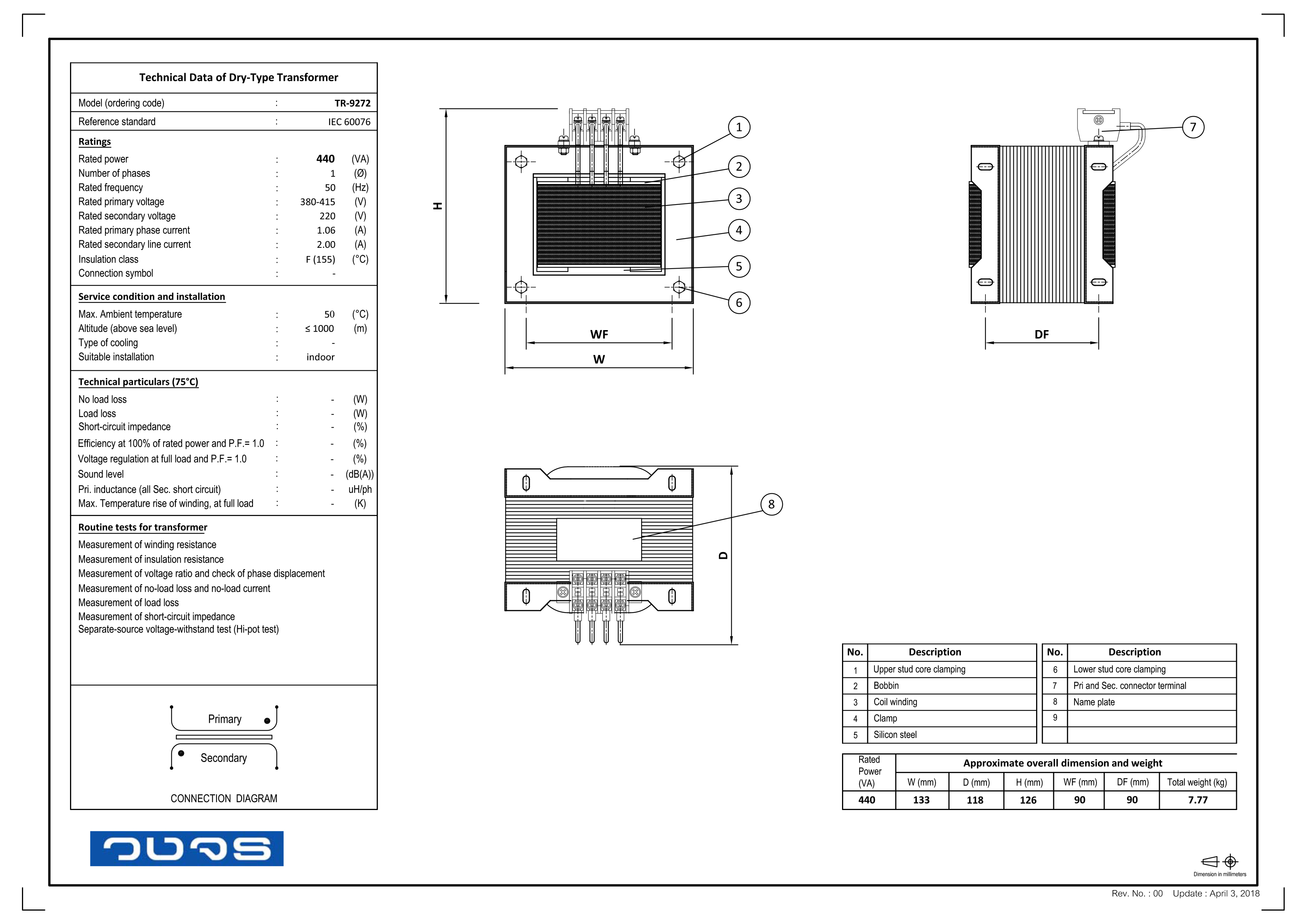 หม้อแปลง Input 0 380 415 VAC Output 0 220 VAC 440VA 2A