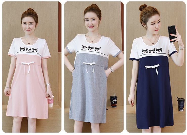 ชุดคลุมท้องเปิดให้นม แขนสั้น ลายแมวเหมียว ปรับขนาดได้ตามอายุครรภ์ M L XL XXL