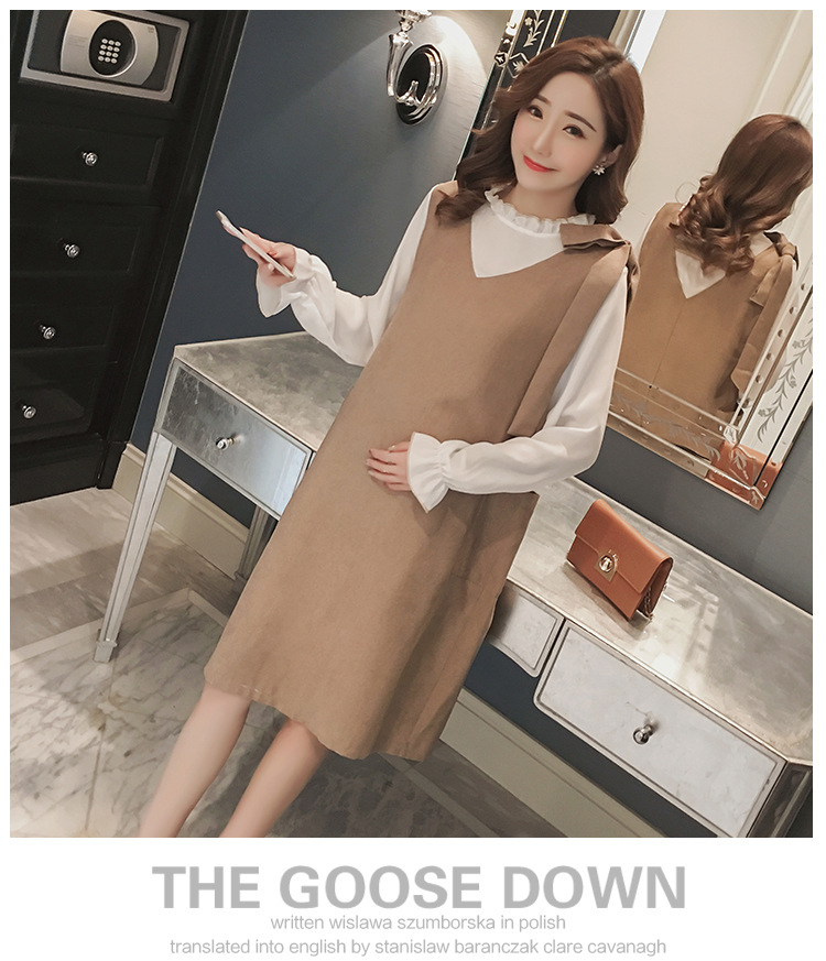 ชุดคลุมท้องแฟชั่นแขนยาว เดรสสไตล์เอี๊ยม ชุดเย็บติดกันผูกโบว์ที่ไหล่ ใส่ได้หลายโอกาส M L XL XXL