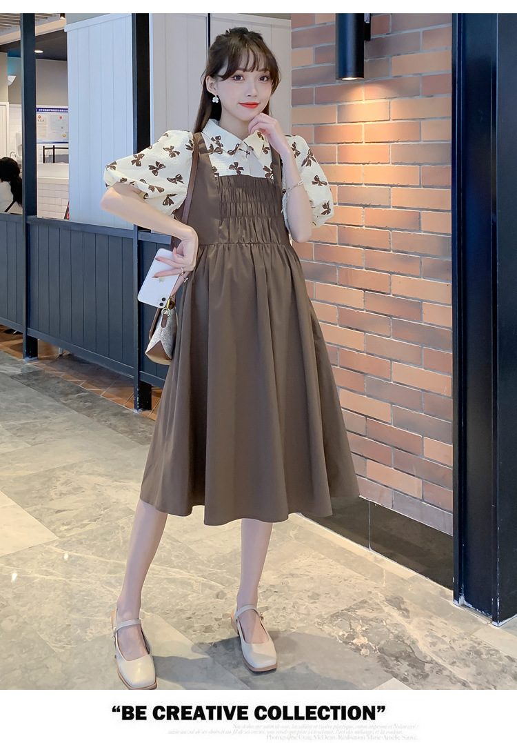 เดรสคลุมท้องแฟชั่น เอี๊ยมหลอก แขนตุ๊กตา ทรงดี น่ารัก รอบท้องรอบรับได้ถึงคลอด M L XL XXL