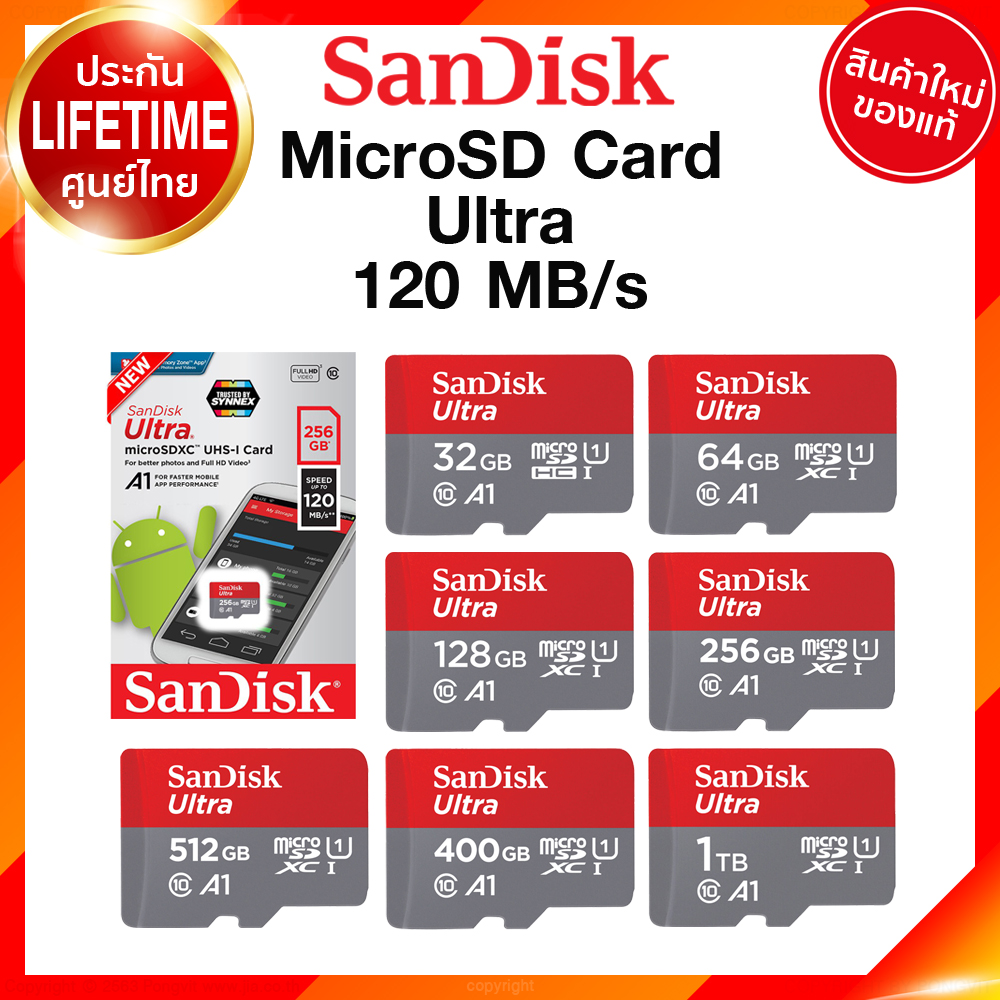 SanDisk MicroSD Card Ultra 120MB 32GB 64GB 128GB 256GB 400GB 512GB 1TB SDXC SDSQUA4-G-GN6MN การ์ด ประกันศูนย์ JIA เจีย
