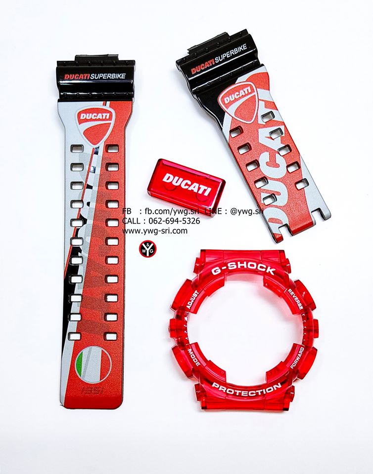 กรอบสาย G-SHOCK สีใส กรอบแดงฟอนต์ขาว สายดำสกรีนลาย Ducati ใส่ได้รับรุ่น GA-100 ,GA-110 ,GA-120 ,GAX-100,GD-100 ,GD-120