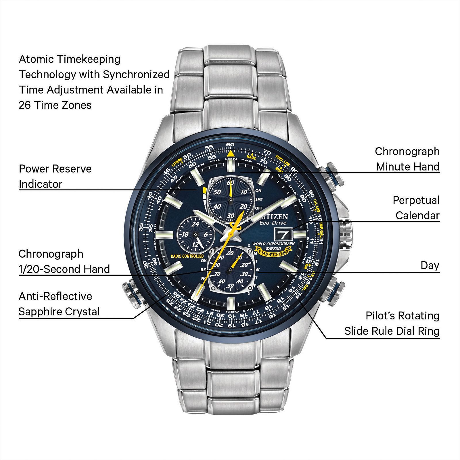 Citizen AT8020-54L นาฬิกาข้อมือผู้ชาย Eco-Drive Global Radio Chrono Blue Angels Pilots Men's Watch