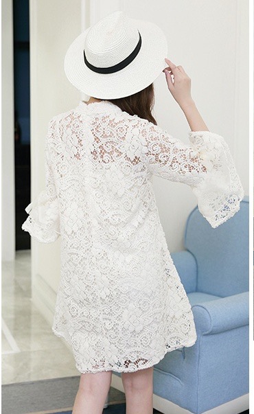 ชุดคลุมท้องแฟชั่น ลูกไม้ขาวครีม แขน3ส่วน แขนระบายสวยเริ่ด พร้อมชุดซับใน M,L,XL