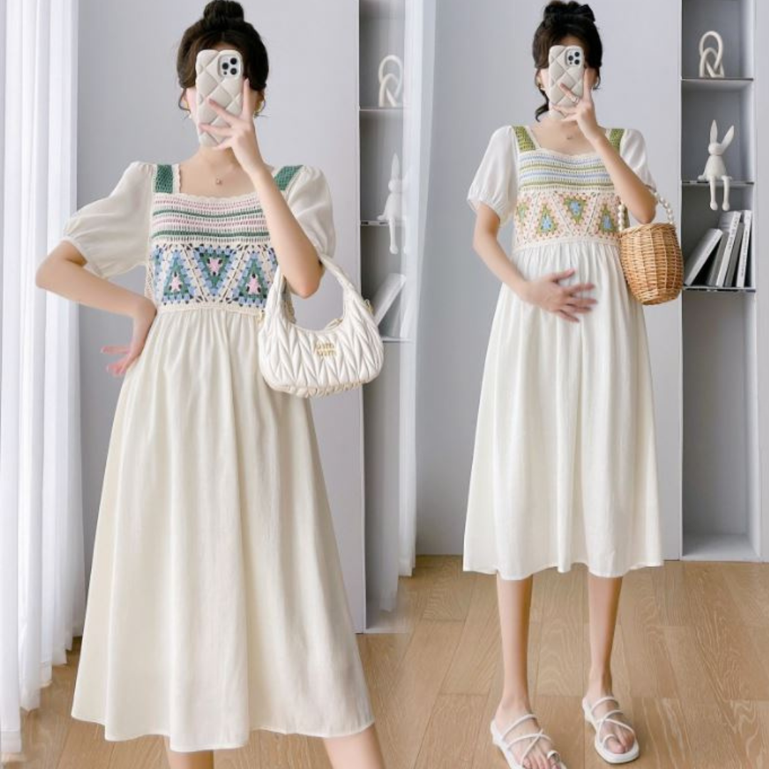 ชุดคลุมท้องแฟชั่นเกาหลี ช่วงอกไหมพรมโครเชต์ ลายน่ารัก ช่วงอื่นเป็นผ้าชีฟอง เบาสบายใส่แล้วไม่ร้อน มีซับใน M L XL XXL