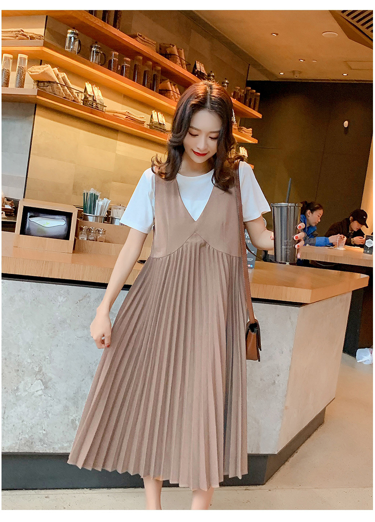 เอี๊ยมกระโปรงคลุมท้องยาว + เสื้อ ผ้ายืดทิ้งตัว ช่วงกระโปรงจีบรอบ M L XL XXL