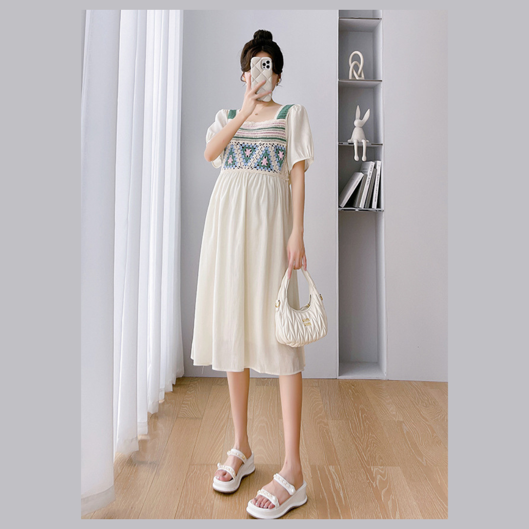 ชุดคลุมท้องแฟชั่นเกาหลี ช่วงอกไหมพรมโครเชต์ ลายน่ารัก ช่วงอื่นเป็นผ้าชีฟอง เบาสบายใส่แล้วไม่ร้อน มีซับใน M L XL XXL