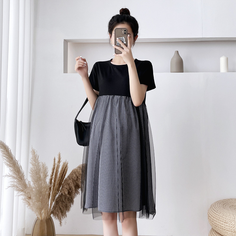 เดรสคลุมท้องแฟชั่นสบายๆ แขนสั้น แต่งด้วยผ้าตาข่ายด้านนอก น่ารัก แบบดูดีมาก M L XL XXL