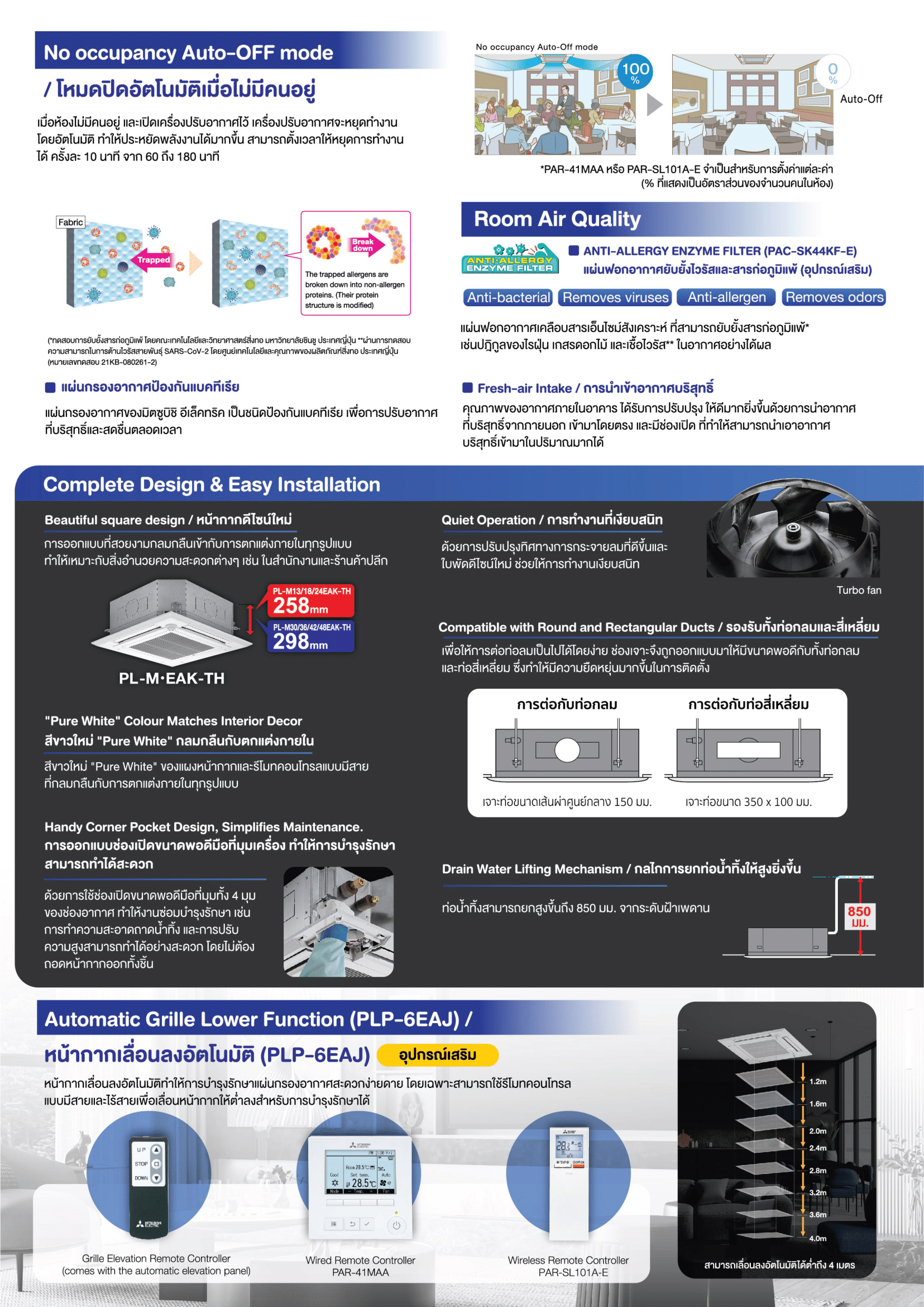 แอร์ MITSUBISHI ELECTRIC แบบสี่ทิศทาง ขนาด 18,766 BTU รุ่น PL-M18EAK-TH/PU-M18VAK-TH รีโมทไร้สาย(FIXED SPEED)(PL SERIES)
