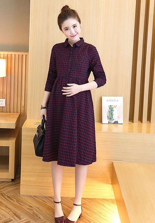 ชุดคลุมท้องแฟชั่นเกาหลีแขนยาว คอปก กระดุมหน้าแกะได้ ลายสก๊อตสีสวย เนื้อผ้าใส่สบาย M L XL XXL
