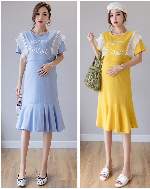 เดรสคลุมท้องแฟชั่นเกาหลี แบบวินเทจ ผ้านิ่ม เปิดให้นมแนวนอน แต่งช่วงไหล่ให้ดูน่ารัก M L XL XXL