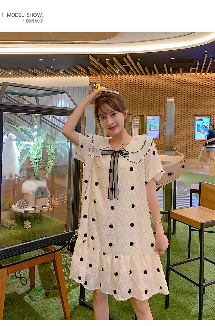 เดรสคลุมท้องแฟชั่นเกาหลี คอปก 2 ชั้น ผ้าตุ๊กตา มีซับใน แต่งด้วยโบว์ ช่วงท้องใส่ได้ถึงคลอด M L XL XXL