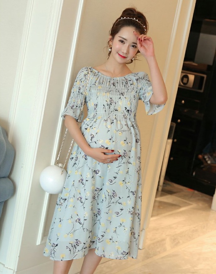 ชุดคลุมท้องเกาหลี สม๊อคเปิดไหล่ก็ได้ แขน3ส่วน ปลายแขนระบาย M,L,XL,XXL