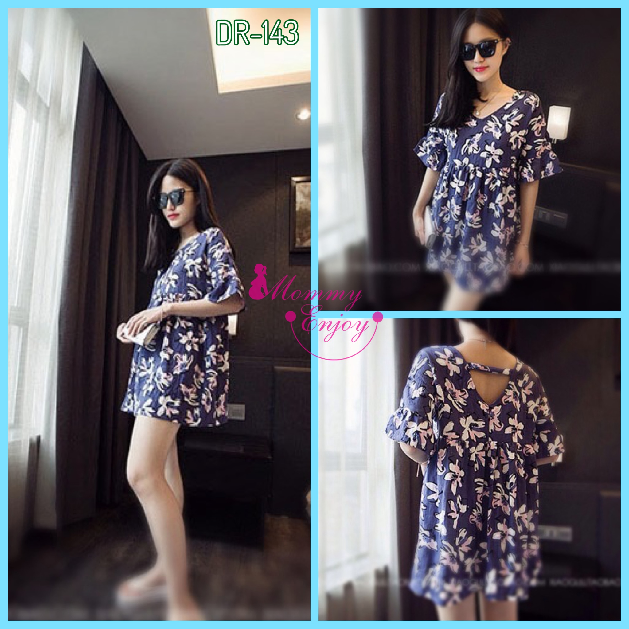 ชุดคลุมท้อง ลายดอกไม้หวานๆ น้ำเงิน-ชมพู S,M,L,XL