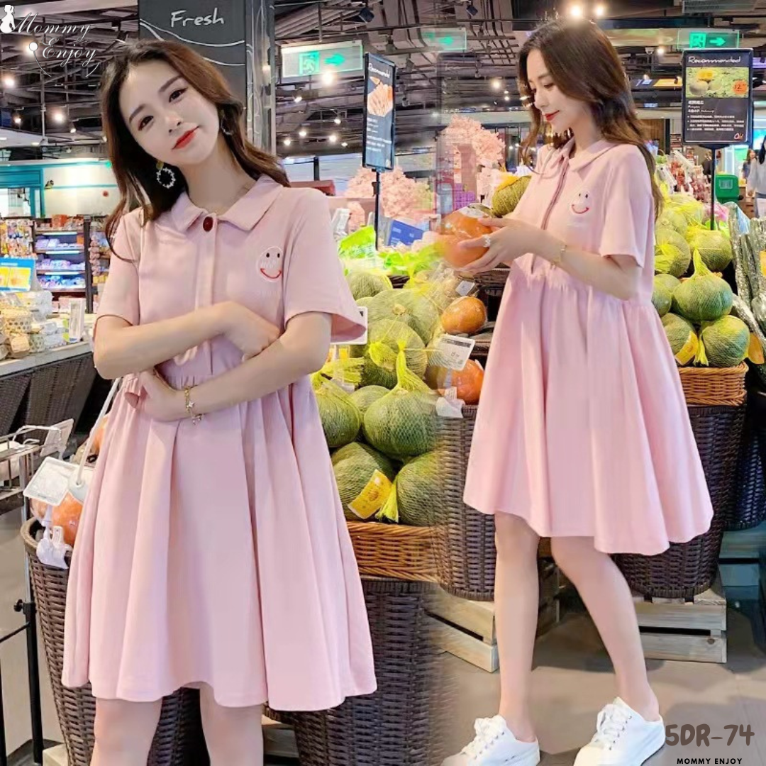 เดรสคลุมท้องแฟชั่นเกาหลี คอปกมีกระดุม ช่วงบน ผ้านิ่ม ใส่สบายๆม่ร้อน รอบท้องระบายได้เยอะใส่ได้ถึงคลอด M L XL XXL